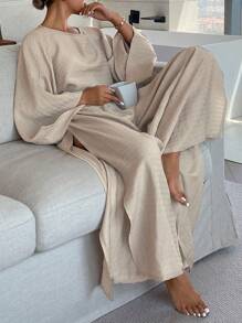 Livesso Bohemian Textured Fabric Cropped Top & Long Wide Leg Pants Women's Lounge Set, Fall Winter Clothes, Cozy Outfit - Khaki - View 1