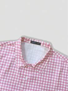 ROMWE MEN Casual Áo sơ mi kẻ caro tay ngắn in chữ thời trang thường ngày cho nam - Hồng - Xem 4