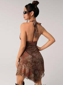 SHEIN ICON Vestido corto de mujer con escote en V y cuello halter con estampado de paisley, vestido swing de moda vintage sexy con bajo asimétrico para mujer en otoño