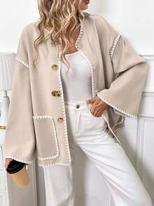 Serisse 女式落肩长袖金属单排扣宽松休闲人字纹饰边夹克 - 杏色 - 查看 6