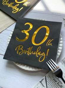 20pcs Black & Gold Printed 30th Birthday Party Napkins, 6.5*6.5inch, Made Of Original Pulp, Suitable For Hotel Restaurant Bar Disposable Tableware Napkin Valentine's Day, Valentines Wedding, Birthday,Fall Decor,Christmas Decorations,Halloween Decor, Back To School