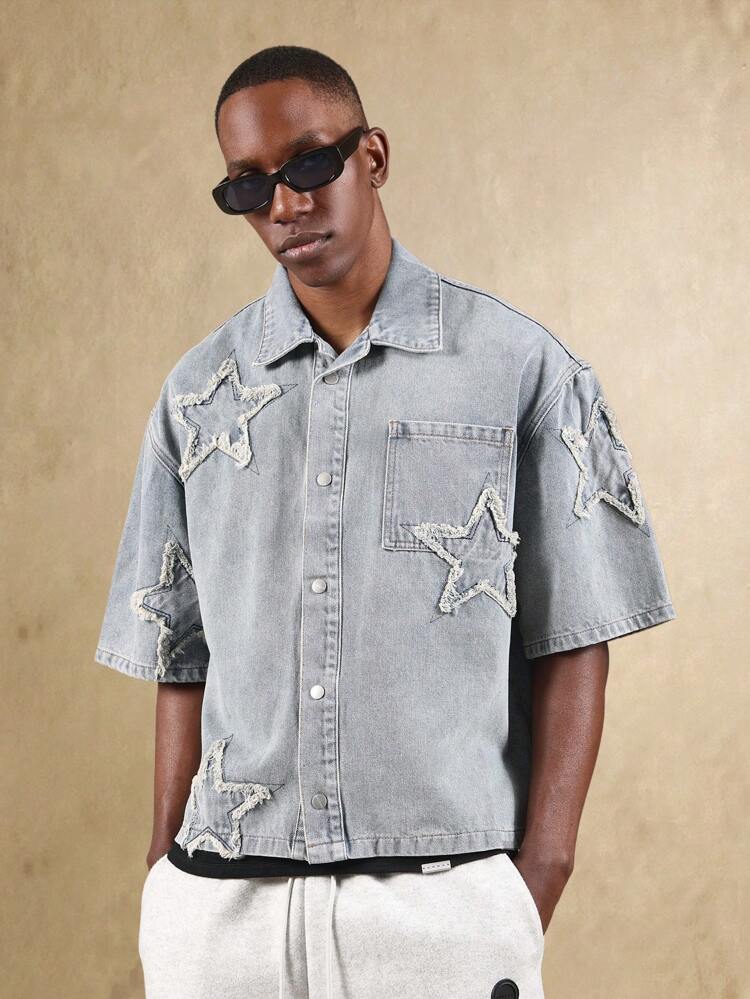 Distressed Star Applique Denim Shirt With Frayed Edges