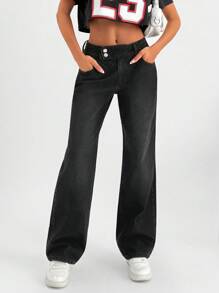 EURMUSE Pantalón vaquero recto con detalles de cintura media - Negro - Ver 1