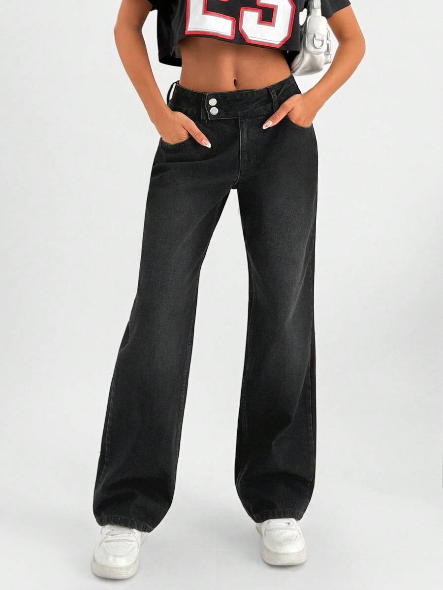 EURMUSE Pantalón vaquero recto con detalles de cintura media - Negro - Ver 1