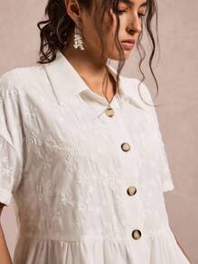 SHEIN VCAY Plus Size Casual Solid Color Floral Embroidery Patchwork Front Button Dress Plus Size White Dress White Button Up Dress Autumn Clothes - White - View 4