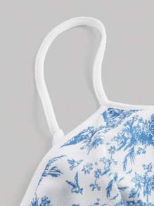 SHEIN MOD Women's Retro Palace Blue & White Floral Printed Fish Bone Strips Crop Top And Skirt Wedding Two Pieces Set - Blue and White - View 8