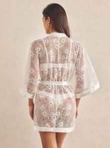 Charlaine 女士性感法式蕾丝透视宽松长袍，秋季