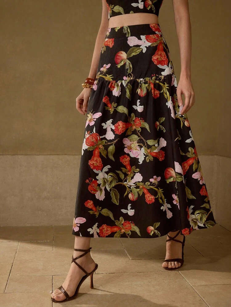 ALLOVER PRINT HIGH WAIST FLOWY HEM SKIRT