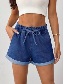 SHEIN Tall Women's Elastic Waist Fitted Denim Shorts, Blue - Dark Wash - View 6