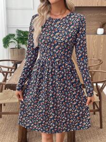 EMERY ROSE Women's Ditsy Floral Round Neck Long Sleeve Casual Mini Dress, Suitable For Vacation Fall Dresses Fall Clothes Winter Clothes For Women Office Dress Work Dresses For Women