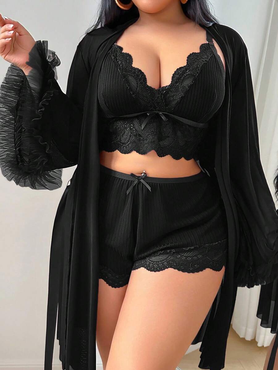 SHEIN 3pcs Set: Lace Patchwork Sexy Camisole Shorts + Floral Trim Loose Robe, Plus Size Lingerie Robe Set Long Sleeve Lingerie Set 2 Piece Lingerie Set