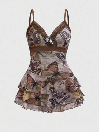 Fairycore Plus Size Women's Vintage Sexy Music Festival Butterfly Print Asymmetric Hem Delicate Bow Decor Lace Patchwork Mini Dress