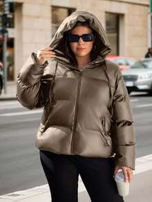 EURMUSE Plus Solid Zip Up Hooded Padded Coat - Beige - View 3