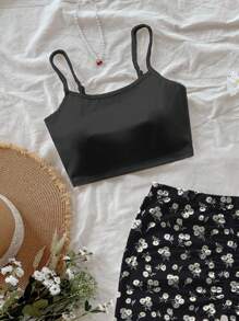Soleia Women Vacation 2 Pieces Set: Cute Daisy Floral Print Slim Fit Cami Top And High Slit Drawstring Waist Skirt, Elegant Casual Outfit For Beach, Travel, Afternoon Tea, Spring/Summer Vacation, Music Festival, Boho Style Floral Two Pieces Set Flower Two Pieces Set Daisy Two Pieces Set Two Pieces Skirt Set Black Two Pieces Set Summer Two Pieces Set Suitable For Going Out