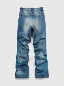 ROMWE MEN Street Life Plus Size Men's Loose Fit Rhinestone Flame Pattern Pocket Decoration Wide Leg Jeans - Baby Blue - View 2