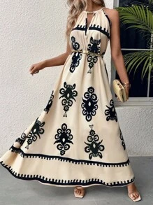 EMERY ROSE 女式波西米亚无袖细肩带连衣裙，印花露背飘逸 A 字形海滩度假礼服，夏季长款细肩带女士连衣裙 - 彩色 - 查看 5