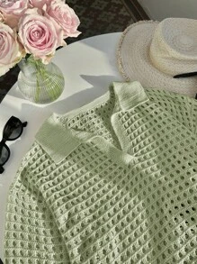 Comfortcana 大码休闲纯色镂空领短袖毛衣