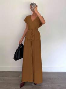 Siren Gaze Women's Elegant Casual Holiday/Office Commute V-Neck Belted Loose Jacket And High Waist Relaxed Pants, Suitable For Summer Brown