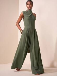 Veslaya 2025秋冬新款休闲度假日常约会通勤优雅沙滩邮轮派对简约网红爆款高领无袖一字肩宽松连体裤阔腿裤 - 綠色 - 查看 5