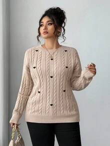 Elenzga Plus Size Women Solid Color Knitted Round Neck Heart Soft Cozy Cable Knit Long Sleeve Pullover Sweater, Cute & Sweet, Autumn/Winter Fall