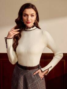 Vintamour 复古经典优雅女士毛衣，撞色荷叶边针织衫，杏色和咖啡色纽扣装饰套头衫，秋冬季，秋季节日女装 - 杏色 - 查看 4