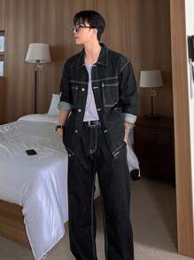 DAZY 男士黑色装饰线条夹克，秋季服装 - 黑色 - 查看 6