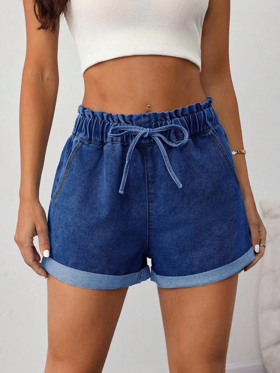 SHEIN Tall Women's Elastic Waist Fitted Denim Shorts, Blue - Dark Wash - View 1
