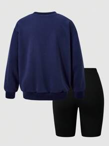 Tween-Mädchen Lässiges Set aus Langarm-Sweatshirt mit Buchstabendruck und engen Bike-Shorts, geeignet für die tägliche Lässig und den Sport, Frühling/Herbst - Blau - Übersicht 2