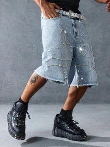 ROMWE MEN Street Life Pantaloni Capri din denim pentru bărbați, cu croială lejeră, cu buzunare în relief, stil uzat - Albastru - Vizualizare 5