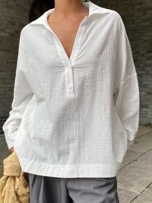 DAZY Solid Color Loose Long Sleeve Pullover Casual Vintage Blouse For Women, Autumn,Fall Women Clothes