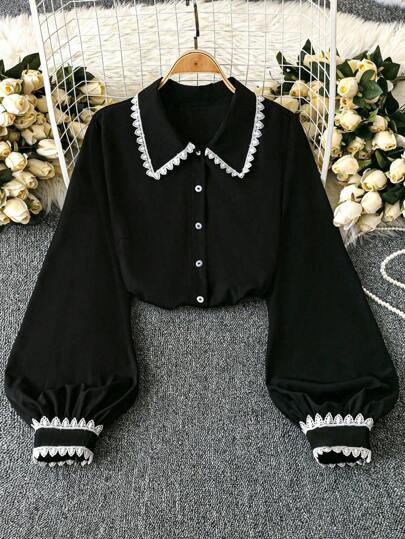 Rometta Exquisite & Elegant  Plus Size Women's Color Block Floral Trim Button Down Shirt Fall Cloth For Women