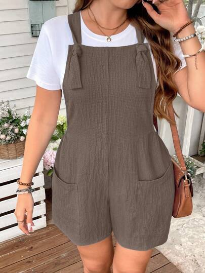 SHEIN LUNE Plus Size Women's Casual Solid Color Patchwork Pocket Loose Strap Jumpsuit Shorts (Excluding T-Shirt), Summer Brown Romper Women Casual Romper Short Romper Romper With Pockets Short Jumpsuit