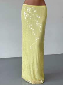 Aloruh Váy Maxi Sequin Chữ H Lưng Thấp Màu Vàng, Lãng Mạn Cho Buổi Hẹn Hò - Màu vàng - Xem 4