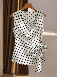 Franclia Donna in stile casual elegante per ufficio, top a canottiera con lacci e pois bianchi e neri, top smanicato a pois, top avvolgente a pois tutto bianco