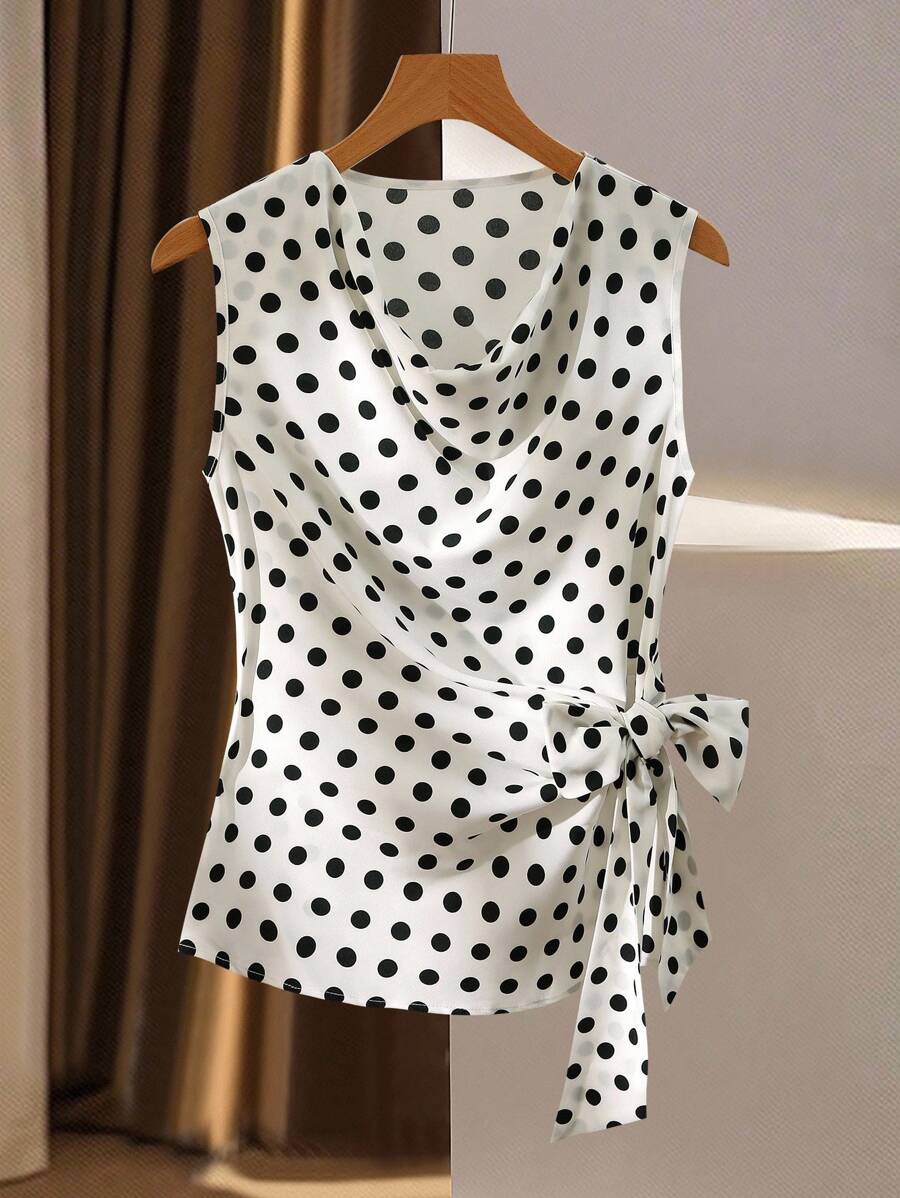 Franclia Donna in stile casual elegante per ufficio, top a canottiera con lacci e pois bianchi e neri, top smanicato a pois, top avvolgente a pois tutto bianco