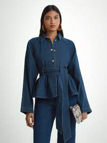 Daynim Women's Casual Cinched Waist Long Sleeve Raglan Jacket - Medium Wash - View 4