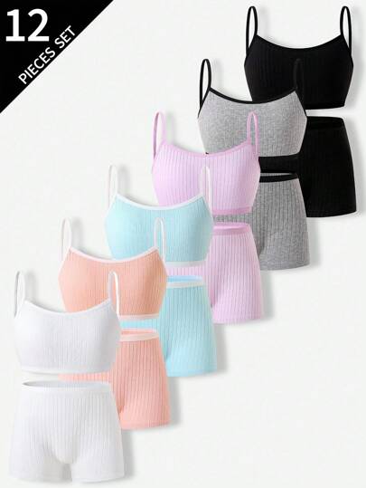 Sparklyn 6pcs/Set Girls' Solid Color Textured Fabric Camisole & Briefs Underwear Set, Pink, Purple, Gray, Blue, Black, White, Made Of Organic Cotton Tween Girl Underwear Set Tween Girl Ribbed Camisole Set,Backto SchoolFashion Backto SchoolFashion Fall Winter