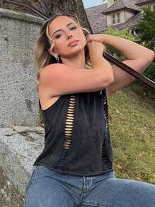 Jeta Ari Plain Knitted Cropped Washed Tank Top For Women - Black - View 5