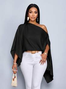 SOLERSUN 女士单肩披肩袖不对称下摆亚麻衬衫 - 黑色 - 查看 7