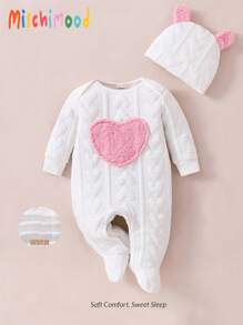 Conjunto de pijama de bebé niña con body con estampado de corazones blancos acolchado de manga larga y gorro para el invierno