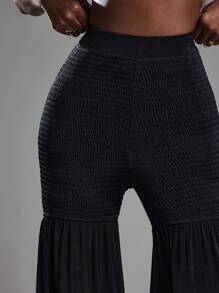 NYA SZN Pantalon taille haute à volants, jambe ajustée, moulant, pour vacances, plage, festival bohème, concert, en tricot extensible, sexy, froncé, élastique, pour club, usage quotidien, décontracté, rentrée scolaire, tenues noires pour femmes - Noir - Voir 7