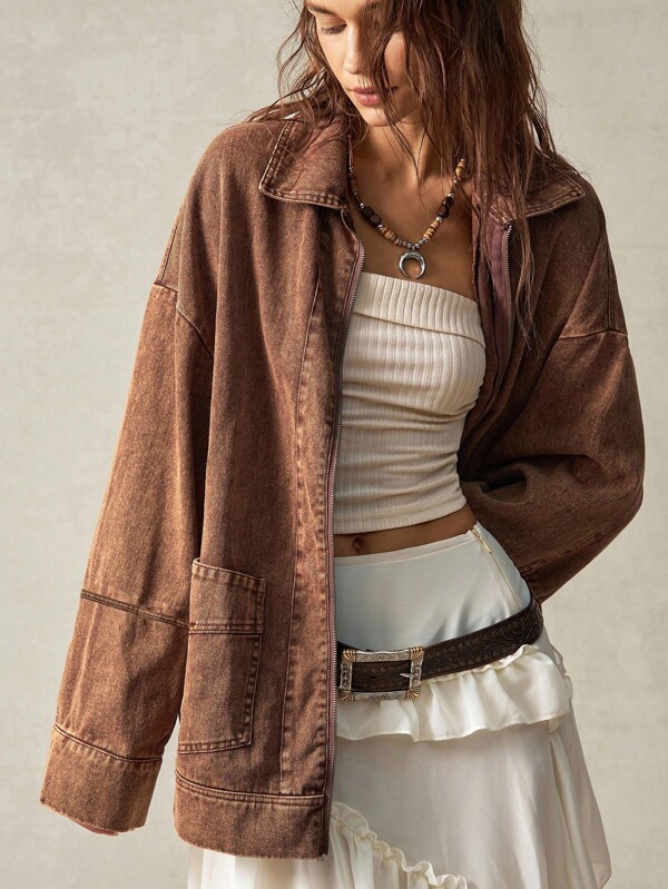 Bohemela Women's Long Sleeve Stand Collar Pocket Jacket