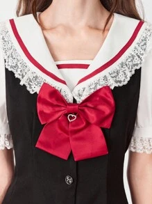 ROMWE EDITION 女士甜美撞色拼布彼得潘领蝴蝶结装饰衬衫和短裤两件套