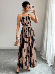 Selianne 女式优雅露肩露肩褶饰扭纹设计黑白不对称印花 A 字长裙，春夏 - 卡其色 - 查看 4