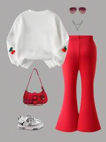 SHEIN 2pcs Set Young Girls Casual Unique Knit Round Neck Top With 3D Cherry Design And Flared Pants, Suitable For Leisure, Cute, Outdoor, Autumn/Winter Fall - Red - View 2