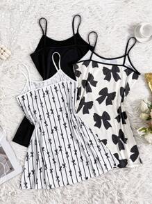 3 件套女士无袖迷你睡裙套装 - 纯色、蝴蝶印花、条纹印花