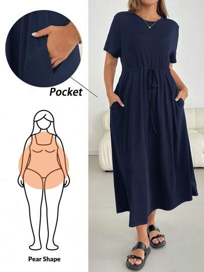 SHEIN Essnce Sommerkleid für Damen, Kurzarmkleid, schwarzes Kleid, lässige Damenmode Sommerkleider für Frauen Urlaubskleid, Große Größen