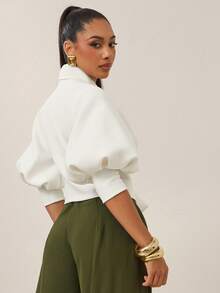 Vixey Solid Scuba Puff Sleeve Self Tie Wrap Around Top, Business Casual, Office - White - View 3