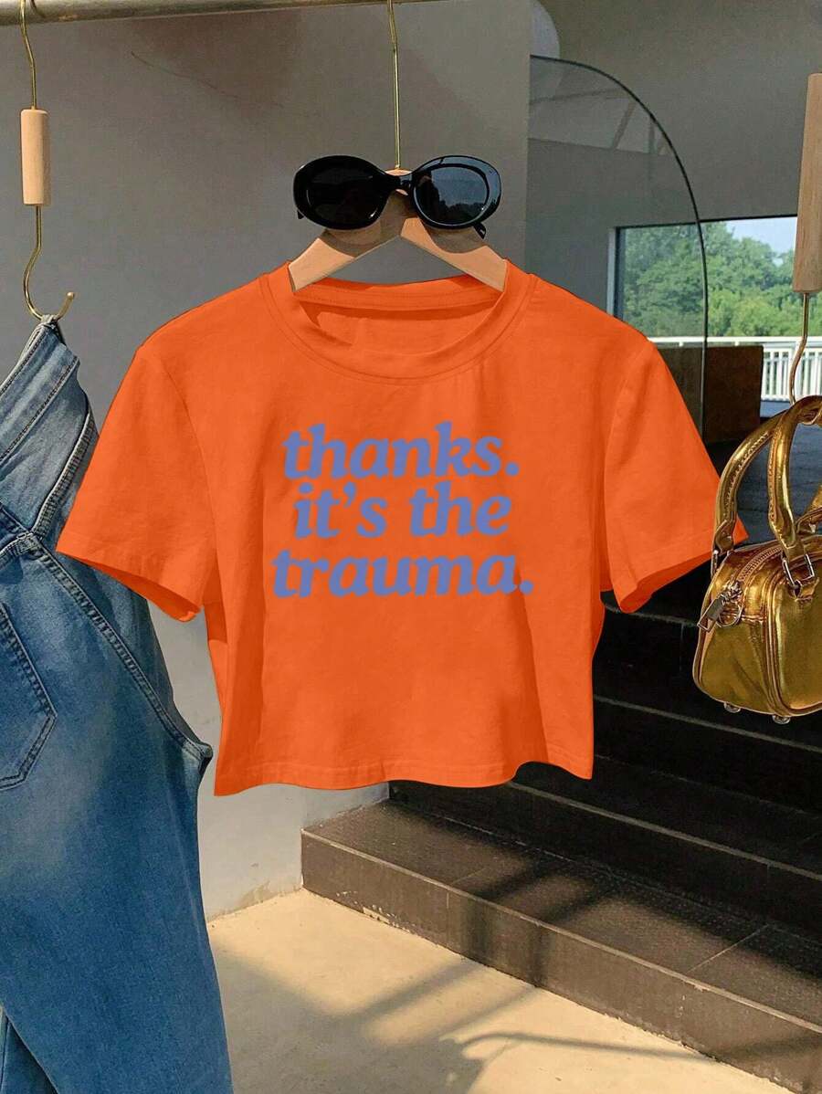 大码夏季休闲字母图案圆领短袖短款T恤