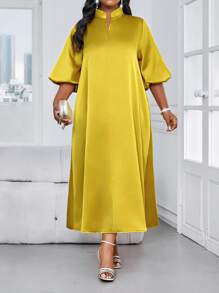 SHEIN Lady Spring And Summer Elegant Modest Party Wedding Cocktail Party Concert/Music Festival Gold Woven Satin Stand Collar Ball Gown Frill A Line Dress - Yellow - View 2